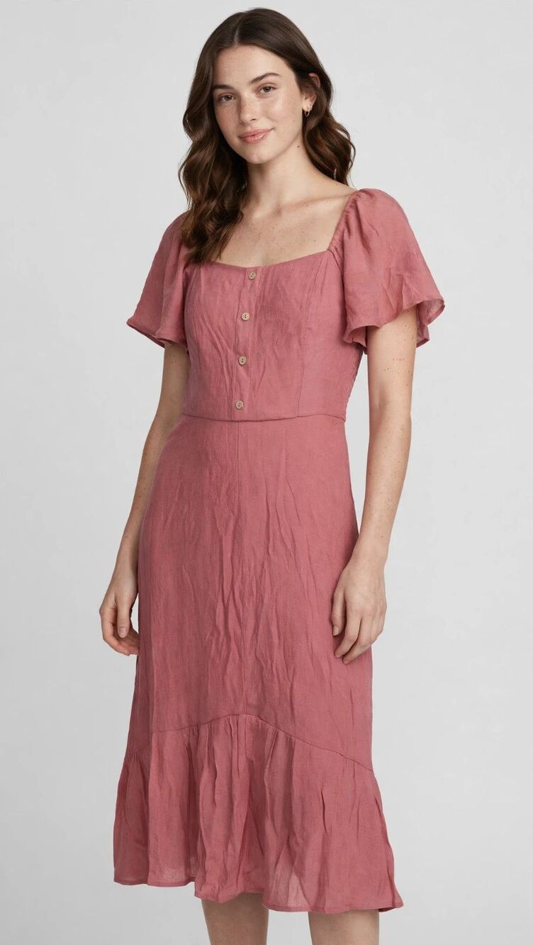 Women's S Dusty Rose Midi Dress Cottagecore Prairie Romantic Square Neck Buttons